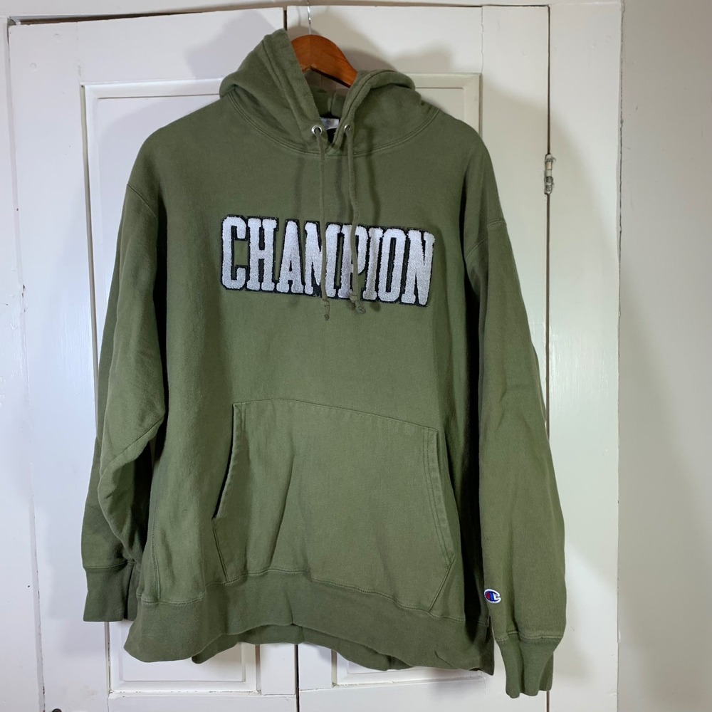 Champion Reverse Weave Hoodie Olive Green Chenille Logo Mens 2XL Casual Gym